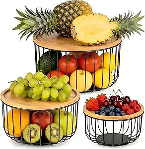 Stackable Fruit Basket for Kitchen Counter, 3-Piece Mesh Fruit Basket Set with Bamboo Lids, Large Decorative Produce & Vegetable Storage Organizer for Countertop