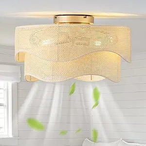 Flush Mount Ceiling Fan with Lights, 20" Low Profile Boho Ceiling Fan with Light Remote Control, Caged Rattan with 6 Speeds for Bedroom, Nursery, Living Room