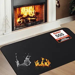 Fireplace Mat, 3'4'' x 4'11'' x 0.04'' Fireplace Rug, Hearth Rug for Wood Stove Fireplace Indoor Outdoor, Thin Fireplace Rugs Fire Resistant Protects Floors Carpets from Sparks Embers, Black