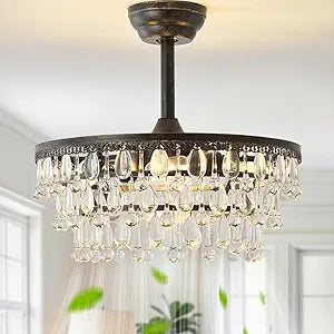 Crystal Fandelier Ceiling Fan with Light, 20" Black Crystal Chandelier Ceiling Fans with Lights and Remote with 6 Speeds for Bedroom, Living Room, Nursery