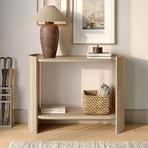Curved Wood Leg Console Table  Modern Oval Sofa Table with Storage  Mid-Century Narrow Entryway Table  Easy to Assemble Hallway or Living Room Furniture  Light Oak