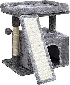 Small Cat Tree for Indoor Cats, Cat Tower with Scratching Post and Board, Cat House with Perch for Kitten, Stable Condo and Stand (Light Grey)