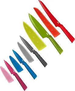 Kuhn Rikon COLORI+ Mixed Knife Set with Non-Stick Coating and Safety Sheaths, Set of 5, Fuchsia, Blue, Graphite Grey, Green and Red