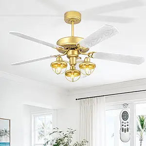 YOUKAIN Farmhouse Wooden Ceiling Fans, 52 Inch Industrial Ceiling Fan with 3 Lights and Remote Control, 5-Reversible Blades Indoor/Outdoor, Gold/Wood Finish, 52-YJ631-GD