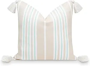 Hofdeco Premium Fall Coastal Patio Indoor Outdoor Pillow Cover Only, 18"x18" Water Repellent for Backyard, Couch, Muted Aqua Neutral Tan Stripe Tassel