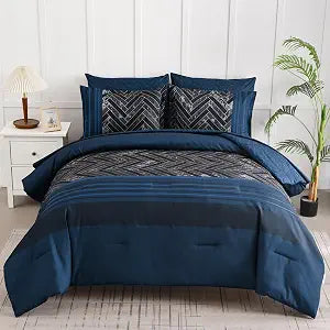 Navy Blue Comforter Set Queen Size, 7 Pieces Striped Geometric Bed in a Bag