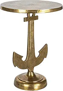 Round Nautical Accent Table with Anchor Base in Cast Iron, Gold Finish