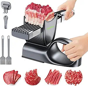 SupMaKin Fresh Meat Slicer, Thickness Adjustable 2 or 4 mm, 17 IN 1 Stainless Steel Manual Meat Cutter, Cleaver Kitchen Knife, Jerky Slicer Suit for Chicken Breast Beef Pork (With SteadyGrip)