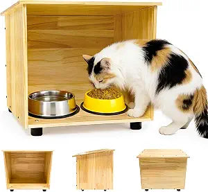 Outdoor Cat House Feeder Cat Shelter Wooden Cat House for Outdoor Feeding Station for Stray Cats or Pet Cats