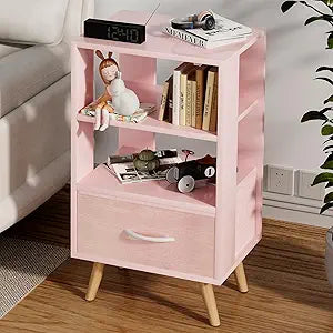 Aenuert Night Stand, Pink Nightstand with Drawer, Side Table with Open Storage, 3-Tier Modern End Table, Bedside Table for Small Space, Living Room, Bedroom