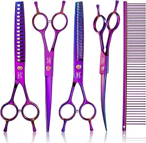 JASON Dog Grooming Scissors Kit, Professional 7 in 1 Dog Scissors Sharp Shears Set - Straight, Thinning, Chunker, Curved Shears and Comb for Long Short Hair for Dog Cat Pet Christmas Gift