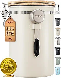 Veken Coffee Canister, 39OZ Large, Gifts For Women,Airtight Stainless Steel Food Storage Container for 2.2lbs Coffee Beans,Ground, Sugar, Tea, Flour, Cereal, Kitchen Bar Accessories,Scoop, Gift, Cream
