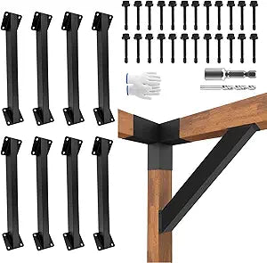 8Pcs Heavy Duty Steel 45 Degree Angle Support Brackets for 4"x4" 6"x6" 8"x8" Lumber,DIY Pergola Bracket for Pergolas,Gazebo,Deck Porch,Cabin Elevated Wood Support Bracket Support kit.