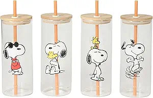 Peanuts Snoopy Happy Sips 4 Piece 23 OZ Tumbler Set with 4 Bamboo Lids and 4 Straws Set, Iced Coffee, Smoothie, Water Cup - Dishwasher Safe