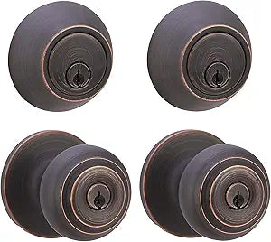 Amazon Basics Keyed Alike Exterior Knob with Key Lock and Deadbolt, Classic, Oil Rubbed Bronze, Set of 2