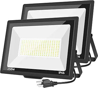 250W LED Flood Light Outdoor with Plug(1200W Eqv), 30000LM Ultra Bright Security Light, IP66 Waterproof Exterior Plug in Floodlight, 6500K Daylight White for Arena Backyard Barn Stadium(2 Pack)