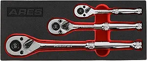 ARES 42048-3-Piece 90 Tooth Ratchet Set - Premium Chrome Vanadium Steel Construction & Mirror Polish Finish - Quick Release for Easy Socket Change - 90-Tooth Reversible Design with 4 Degree Swing