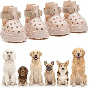 Soft Dog Shoes for Hot Pavement, Breathable Vented Dog Boots, Khaki, Size 5 | 4 Pack, Soft Rubber Material, Lightweight, Anti-Slip Soles, Reflective Strap, Wide Opening, Summer Walks, Medium & Large Dogs