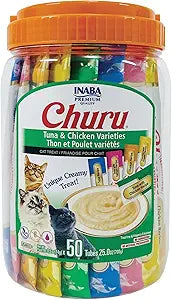 INABA Churu Cat Treats, Lickable, Squeezable Creamy Pure Cat Treat with Green Tea Extract & Taurine, 0.5 Ounces Each Tube, 50 Tubes, Tuna & Chicken Variety