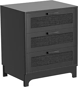 Anmytek Rattan Nightstand with 3 Drawers, Farmhouse Night Stand with Nature Rattan Storage Drawers, Black Wood Bedside Table Sofa End Side Table for Bedroom Dorm Small Spaces, 15.5D x 19.7W x 23.6H