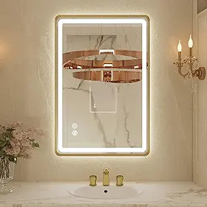 24x32 Inch LED Bathroom Mirror with Round Corner Gold Framed, Lighted Vanity Mirrors with Lights, Front Light and Backlit, Stepless Dimmable, Anti-Fog, Memory, 3 Colors Wall-Mounted Mirrors