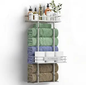 Towel Racks for Bathroom, 30inch Wall Mounted Towel Rack, Towel Storage for Small Bathroom Can Holds 6 Large Towels, Floating Shelf with Adjustable Tissue Basket(Sliver).