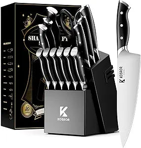 Kitchen Knife Set with Block: 15-Piece German Stainless Steel with Dual Sharpener for Beginners - Covers 95% Kitchen Tasks - Black Full-Tang Ergonomic Handle, Dishwasher Safe, Easy to Use
