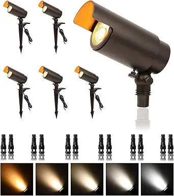 LED Landscape Spotlights, 7W 5CCT Wired Uplighting Outdoor with Adjustable Beam Angle, 12V Low Voltage Spot Lights Outdoor with Connectors for House Yard Tree, ETL, Bronze, Pack of 6