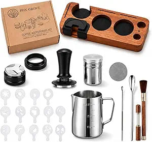 28-Piece 51mm Espresso Accessories Kit, Espresso Machine Tools with Wood Tamping Station, Tamper, Distributor, WDT Tool, Dosing Funnel, Milk Frothing Pitcher & Latte Art Set