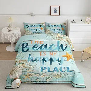 Castle Fairy Beach Life Queen Size Comforter Set,Beach is My Happy Place Down Alternative Comforter Adults Bedroom Decor,Coastal Starfish Shell Blue Ultra Soft Microfiber Inner Fill 3Pcs Bedding