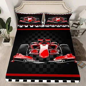 Castle Fairy 3D Red Formula Car Bed Sheet Set Home Decor Extreme Sports Sheet Sets Deep Pocket,Red Stripes Geometric Grid Plaid Mattress Cover,Twin Size with 1 Pillowcase No Flat Sheet
