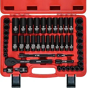 3/8" Drive Impact Socket Set, 50 Piece Standard SAE (5/16 to 3/4 inch) and Metric (8-22mm) 6 Point, with Adjustable Ratchet Handle, Extension Bars, Impact Universal Joint, Adapter, Cr-V Steel