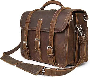 Polare Thick Full Grain Leather 16'' Briefcase Shoulder Messenger Bag For Men Fit 15.6'' Laptop