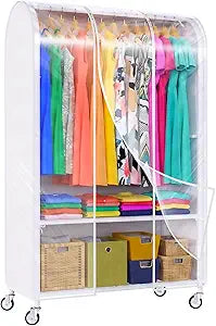 Univivi Clothes Rack with Clear Dust Cover, 2-in-1 Heavy-Duty Clothing Rack with Bottom Storage Shelf, Tool-Free Quick Assembly Portable Closet Rack for Bedroom, Living Room and Laundry