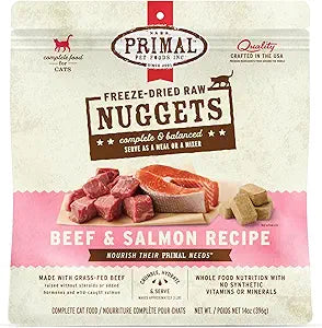 Primal Freeze Dried Raw Cat Food Nuggets Beef & Salmon, Complete & Balanced Meal or Topper, Premium, Healthy, Grain Free, High Protein Raw Cat Food with Probiotics (14 oz)