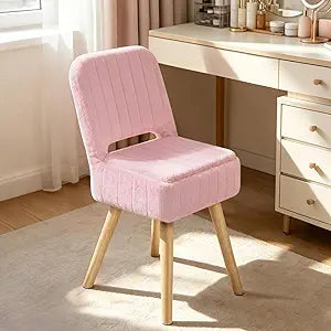 Vanity Stool with Storage & Folding Backrest,Faux Rabbit Fur Small Makeup Chair with 4 Solid Wood Legs,11.4" D x 14.9" W x 28.7" H,Soft Ottoman for Living Room,Bedroom,Closet,Pink