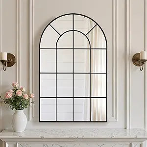 Anpark Arched Windowpane Wall Mirror 24"x36" Black Wall Mounted Art Pane Mirror Farmhouse Decorative Mirror Leaning Hanging Wall Mirror for Bedroom Living Room Entrance Hallway Wall Decor