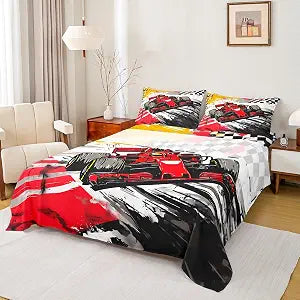 Formula Race Car Sheet King Size Racing Checkered Flag Bedding Set Speed Extreme Sports Bed Decor for Teens Boys Abstract Graffiti Fashion Bed Sheet Set 4pcs(Fitted + Flat + 2 Pillowcases)