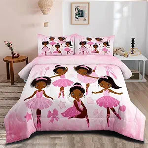 Girls Pink Ballerina Comforter Set Full,African American Black Girl Bedding Set,Cute Little Ballet Princess Comforter Set Bedspread for Kids Toddler Girls BeBedroom Set Room Decor