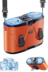 KIMMOO Dual-Motor Rechargeable Waist Fan with Ice Cooling, 25000 RPM High-Speed Neck Belt Clip-on Fan with 10 Gears, LED Display & Flashlight, Hands-Free Personal Fan for Work Outdoor Travel, Orange