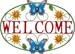 Glitzhome Metal Welcome Wall Decor - Outdoor/Indoor Vibrant Sunflower & Butterfly Garden Art for Porch Patio Yard