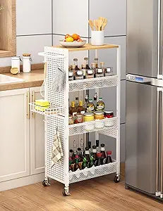 Slim Storage Rolling Cart: 4-Tier Narrow Metal & Wood Utility Cart with Wheels for Kitchen/Laundry/Bathroom(White)
