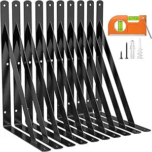 10 Pack 12 Inch Shelf Bracket Heavy Duty, Wall Shelf L Brackets for Floating Shelves, 250 LBS Max Load, Mounting Hardware Include, Black
