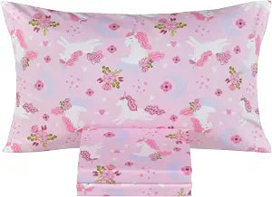 Scientific Sleep Unicorn Pink Flower Horse 100% Cotton Cozy Fun Twin Bed Sheet Set, Flat Sheet & Fitted Sheet & Pillowcase Kids Girls Bedding Set for Kids Boys Girls
