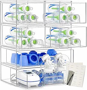 Clear Baby Bottle Organizer For Cabinet, Storage Bins with Pull-Out Drawers, 6-Pack Organizer Set with Labels, Premium PET Plastic Storage Organizer for Pantry, Bathroom, Vanity, Countertop