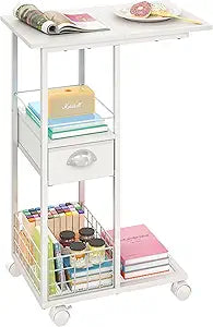 Rolling Side Table with Storage Drawer, White Bedside Table with Wheels, TV Tray for Sofa, Portable Desk on Wheels, Modern Night Stand, Overbed Table for Bedroom, C Shaped End Tables Living Room