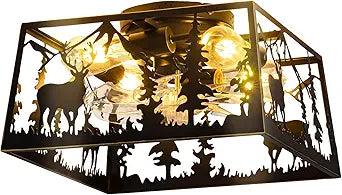 Farmhouse Caged Ceiling Fans with Lights and Remote Control,Rustic Black Chandelier Fan with Deer Design Square,Flush Mount Low Profile Fandelier for Bedroom,Dining Living Room,Foyer
