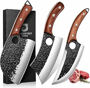 DRAGON RIOT Professional Butcher Knife Set for Meat Processing, 3Pcs High Carbon Steel Hand Forged Serbian Cleaver Chef Knife Set with Ergonomic Handles for Kitchen Outdoor Cooking