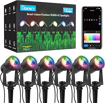 Ligency Spotlight Outdoor Smart Low Voltage Landscape Lights, 6 Pack Outdoor Spot Lights IP65 Waterproof RGBW Color Changing Spotlights for Yard Garden, 54Ft
