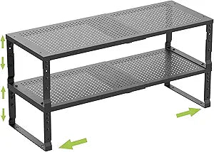 Jojocross Expandable Cabinet Shelf Organizer Storage Spice Rack Shelves for Kitchen Stackable Adjustable Pantry Cupboard Bathroom Countertop Desktop(2Packs/Black/Medium-with Hole)